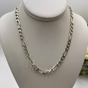 Designer Heavy Unisex 7mm Figaro Sterling Silver‎ Chain Necklace 18” Italy